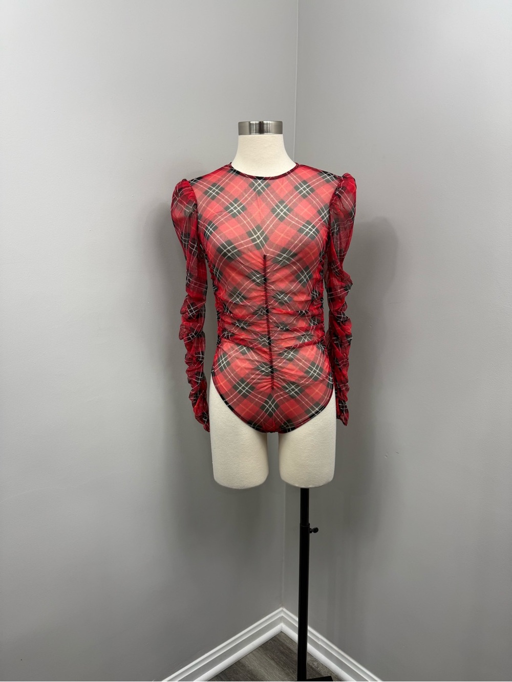VS Red Plaid Mesh Bodysuit